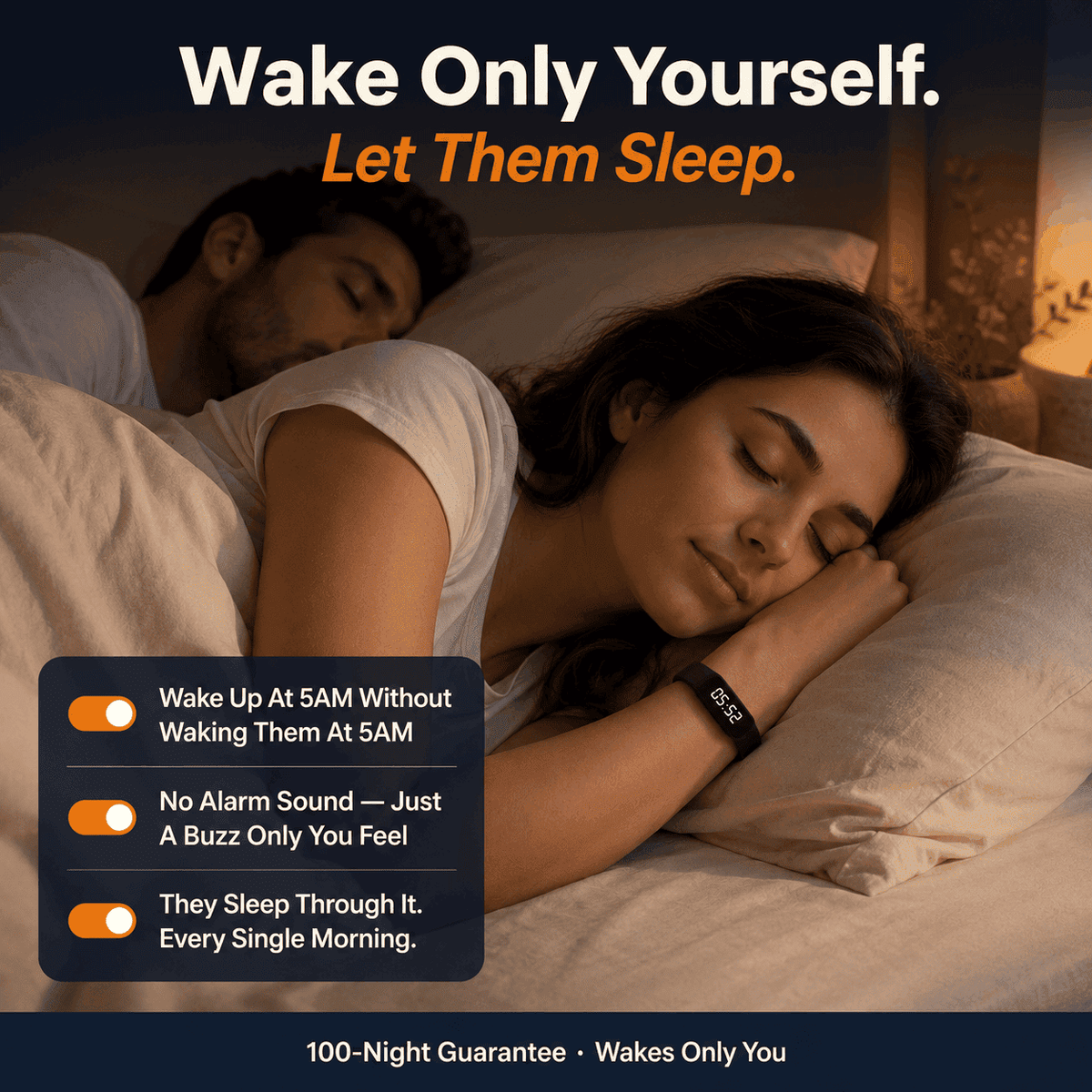 Couple asleep in bed — Silent Wake wakes only you, never the person beside you