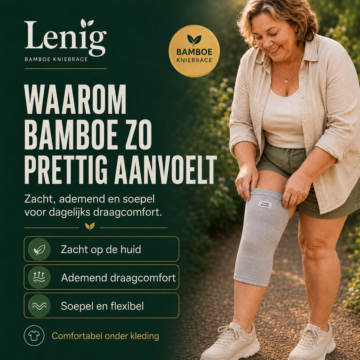 Lenig bamboe kniebrace gedragen op de knie